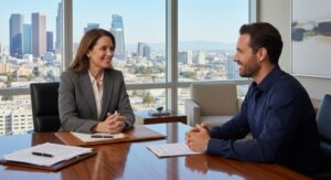 man and woman talking